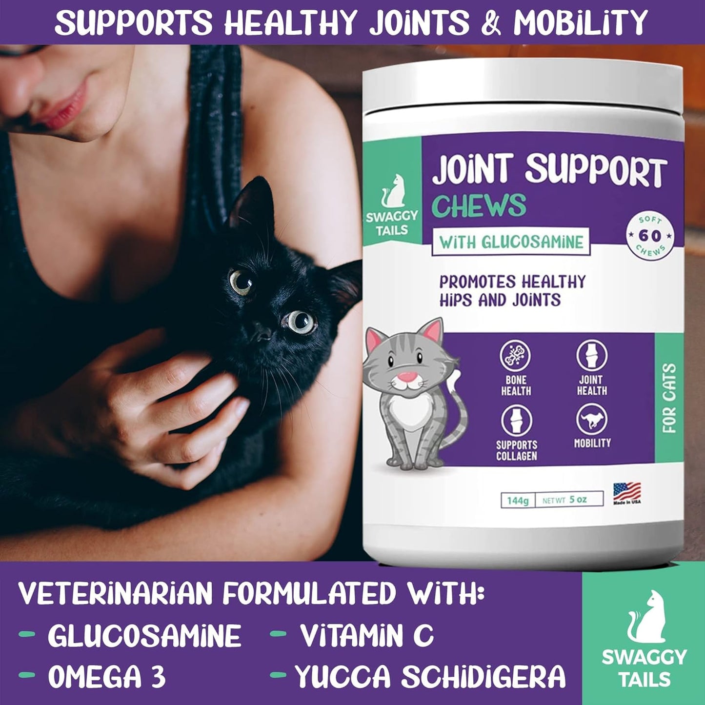 Glucosamine for Cats, Joint Inflammation Supplement, Cat Joint Chews - Joint Support for Cats with MSM, Chondroitin, Antioxidants - Premium Arthritis Pet Supplements (60 Chews)