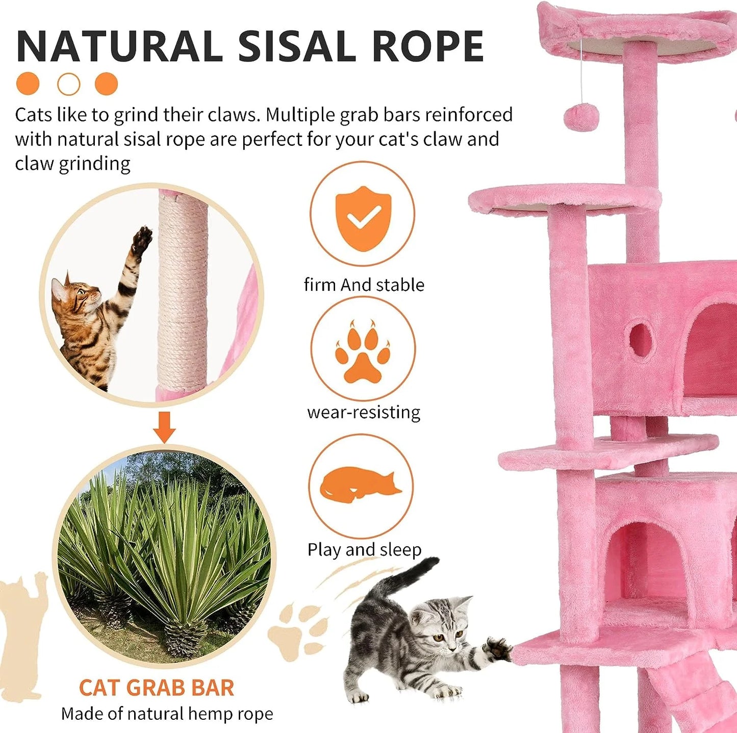 70In Kitten Activity House with Cat Scratching Posts Stand House Cat Condo with Funny Toys Pink