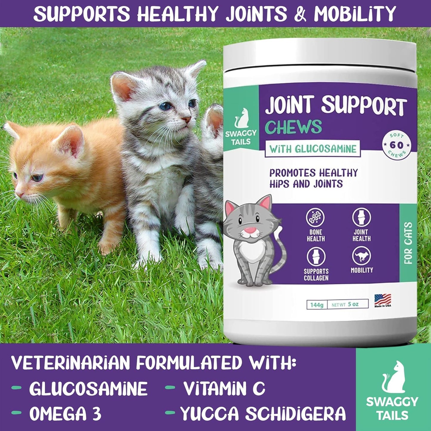 Glucosamine for Cats, Joint Inflammation Supplement, Cat Joint Chews - Joint Support for Cats with MSM, Chondroitin, Antioxidants - Premium Arthritis Pet Supplements (60 Chews)