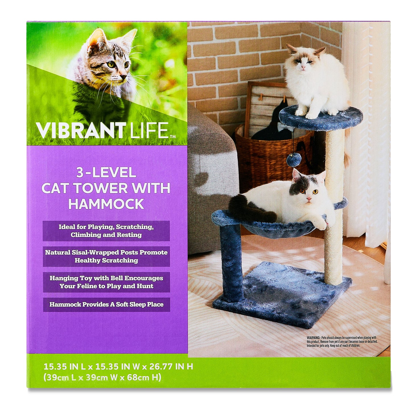 3-Level Cat Tower with Hammock and Sisal Post, 26.7 Inch, Blue