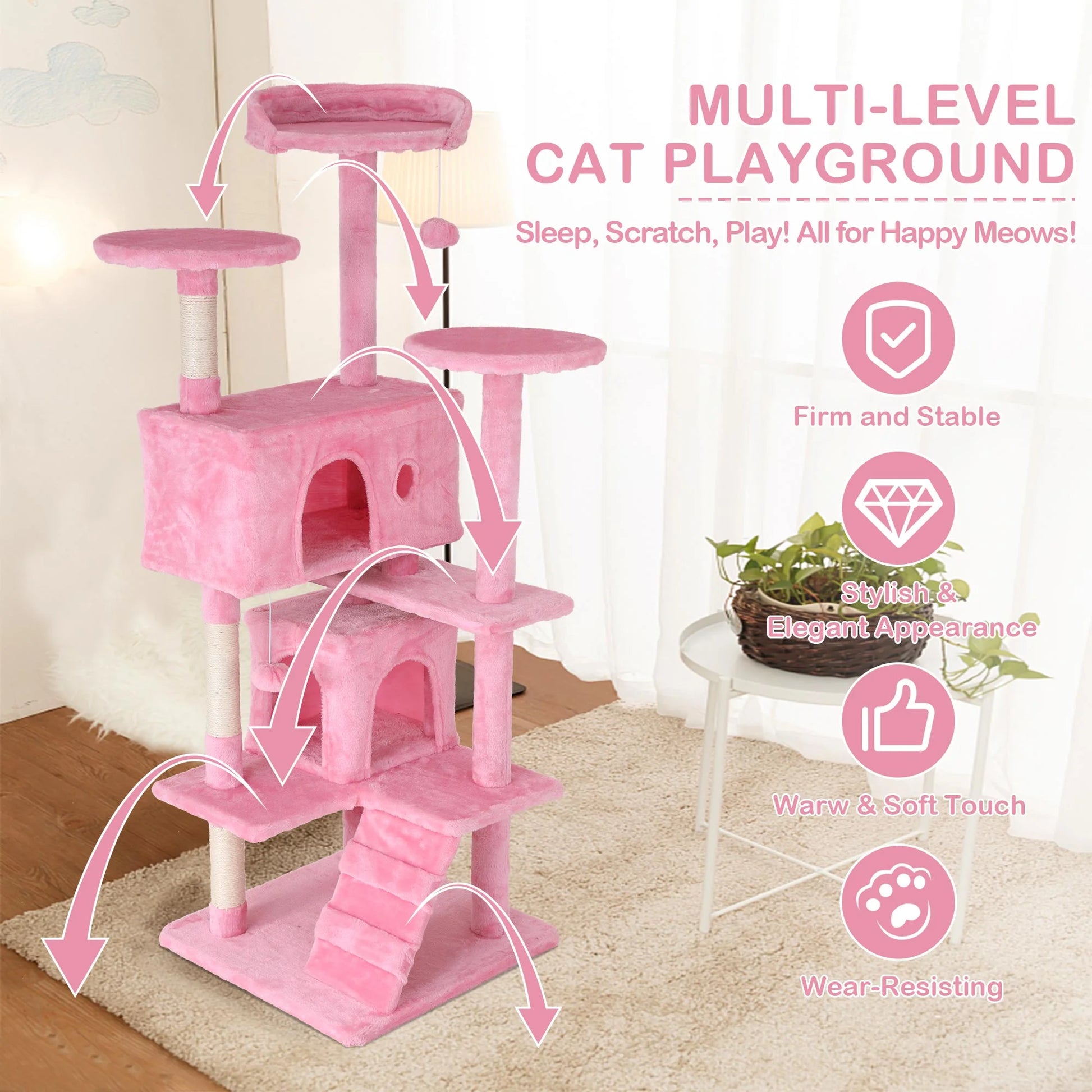 54In  Tower, Multi-Level Cat Tower Furniture Activity Center with Platform Scratching Posts Stand House Condo and Toy, Cat Condos for Indoor Cats Kitten Activity Relaxing, Pink