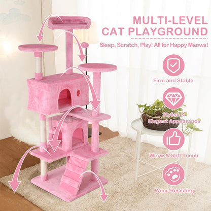 54In  Tower, Multi-Level Cat Tower Furniture Activity Center with Platform Scratching Posts Stand House Condo and Toy, Cat Condos for Indoor Cats Kitten Activity Relaxing, Pink