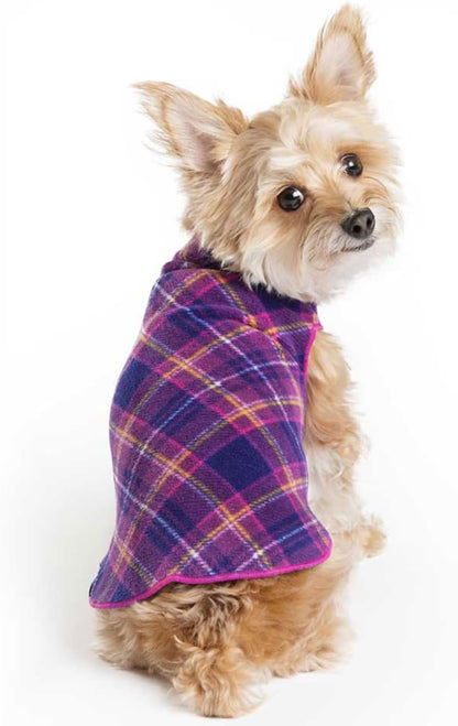Stretch Fleece Dog Coat, Stretchy Pet Sweater, Machine Washable Pullover for Winter and Fall, Mulberry Plaid, 12