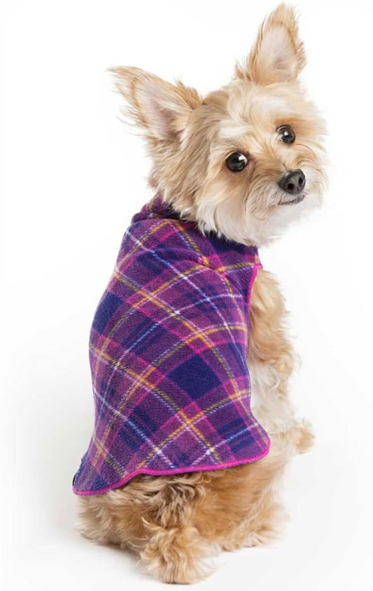 Stretch Fleece Dog Coat, Stretchy Pet Sweater, Machine Washable Pullover for Winter and Fall, Mulberry Plaid, 12