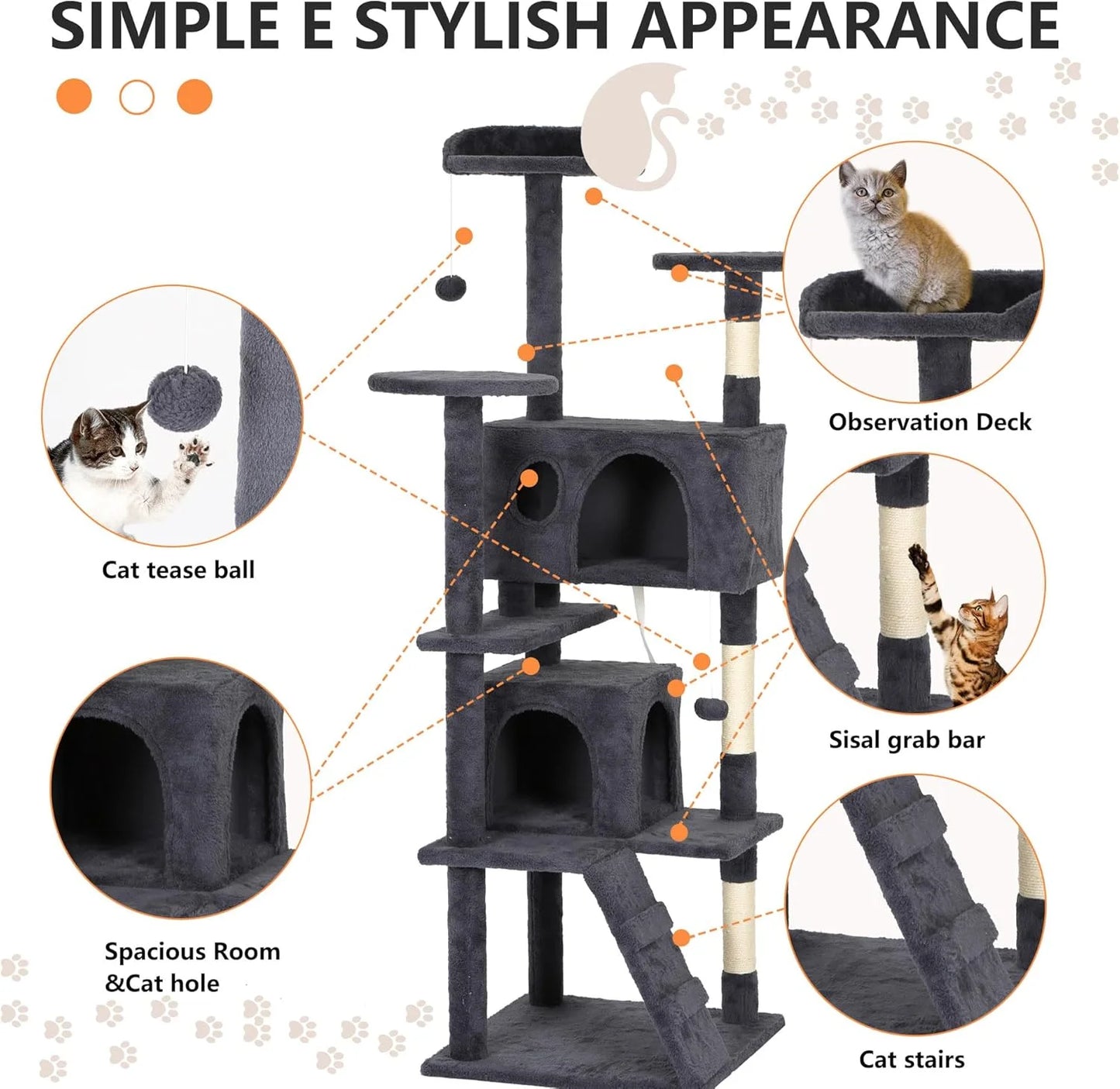 62In Cat Tree Tower for Indoor Cats,Multi-Level Cat Furniture Activity Center with Cat Scratching Posts Stand House Cat Condo with Funny Toys for Kittens Pet Play House,Dark Gray
