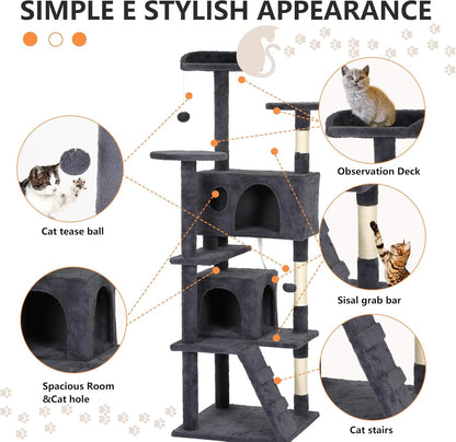 62In Cat Tree Tower for Indoor Cats,Multi-Level Cat Furniture Activity Center with Cat Scratching Posts Stand House Cat Condo with Funny Toys for Kittens Pet Play House,Dark Gray