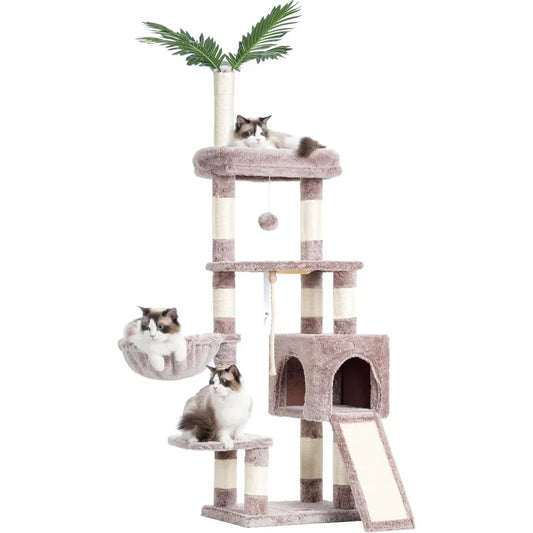 Heybly Cat Tree,Cat Tower for Indoor Cats, 65.4 Inches Cat Condo with Perches, Basket, Feeding Bowl Station, Multi-Level Plush