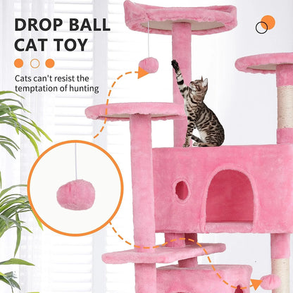 70In Kitten Activity House with Cat Scratching Posts Stand House Cat Condo with Funny Toys Pink