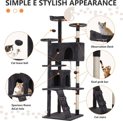 70In Cat Tree Tower, Dark Gray, W/Scratch Posts, House & Funny Toys