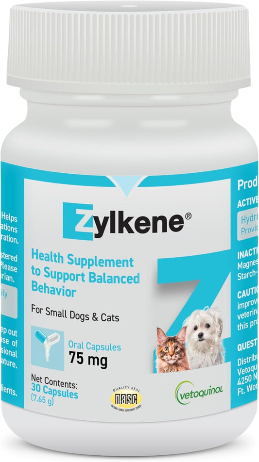 Zylkene Calming Support Supplement for Small Dogs and Cats, Helps Promote Relaxation and Reduce External Stress Factors, Daily Behavioral Support and Anxiety Relief for Dogs and Cats, 75Mg