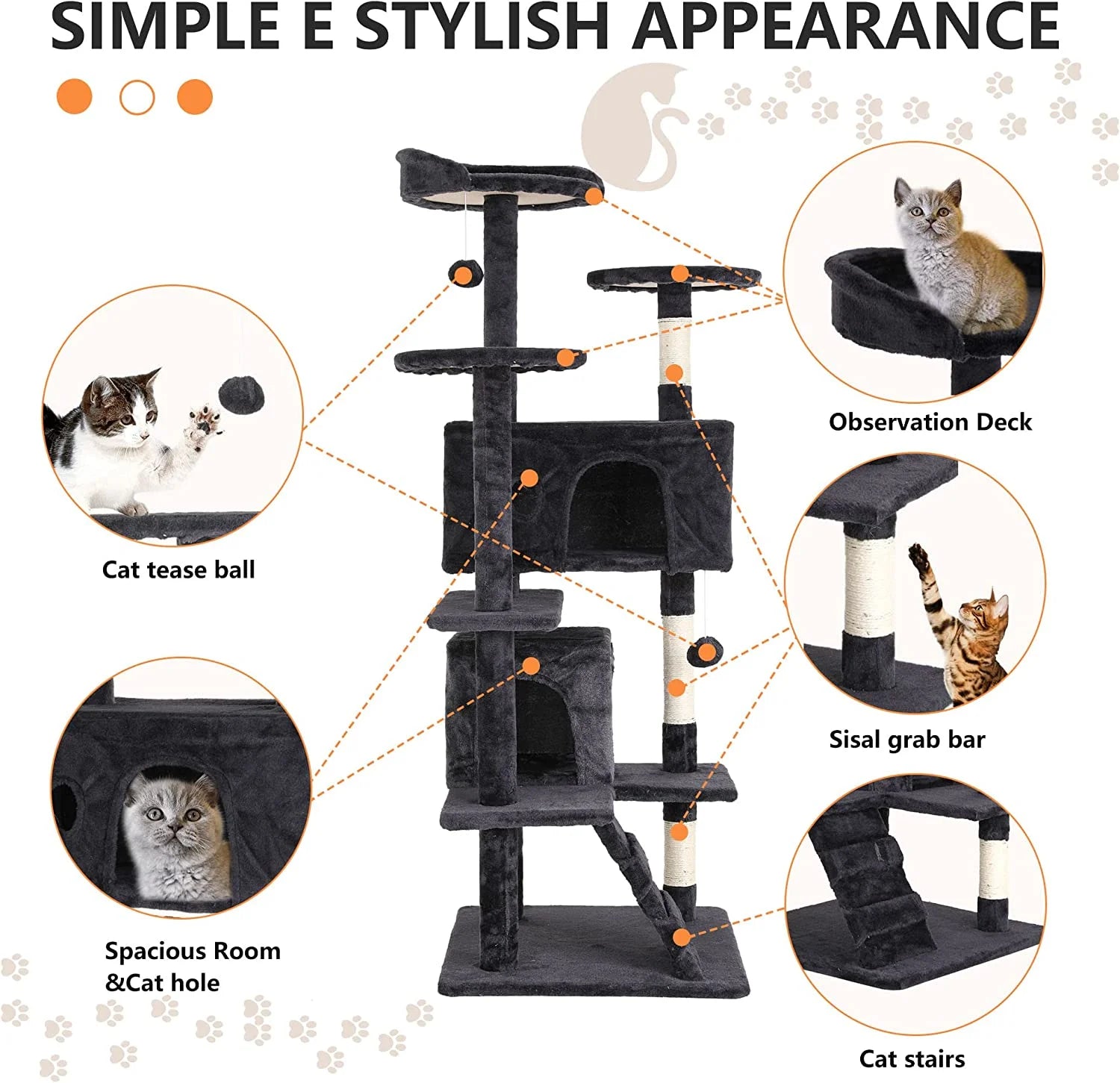 54In Cat Tree Tower, Scratch Posts, Condo, Toys, Dark Gray, Perfect for Active Cats