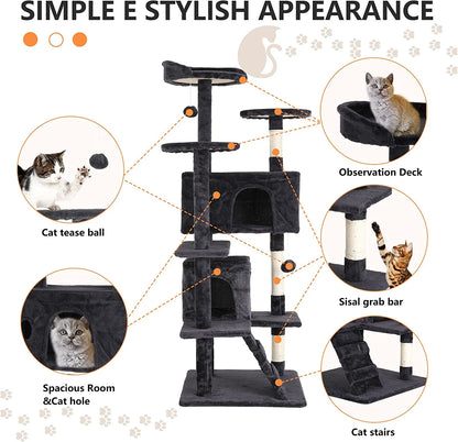 54In Cat Tree Tower, Scratch Posts, Condo, Toys, Dark Gray, Perfect for Active Cats