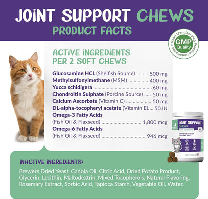 Glucosamine for Cats, Joint Inflammation Supplement, Cat Joint Chews - Joint Support for Cats with MSM, Chondroitin, Antioxidants - Premium Arthritis Pet Supplements (60 Chews)
