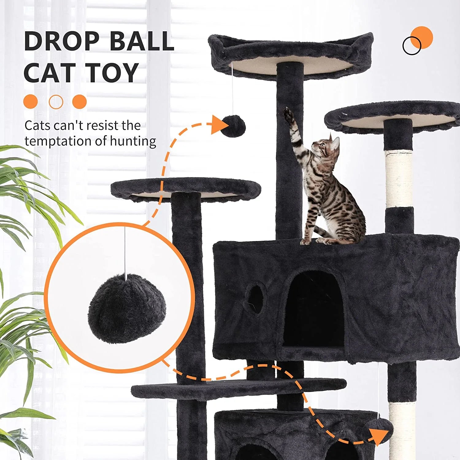 54In Cat Tree Tower, Scratch Posts, Condo, Toys, Dark Gray, Perfect for Active Cats