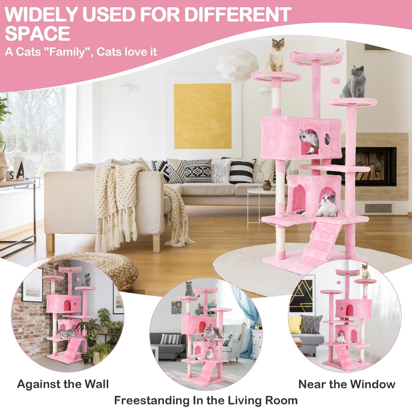 54In  Tower, Multi-Level Cat Tower Furniture Activity Center with Platform Scratching Posts Stand House Condo and Toy, Cat Condos for Indoor Cats Kitten Activity Relaxing, Pink
