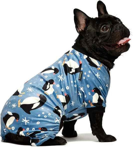 Penguin Thermal Pet Dog Pajamas Onesie Jumpsuit Stretchy Doggie Puppy Clothes Outift Lightweight Velvet (L, Light Blue)