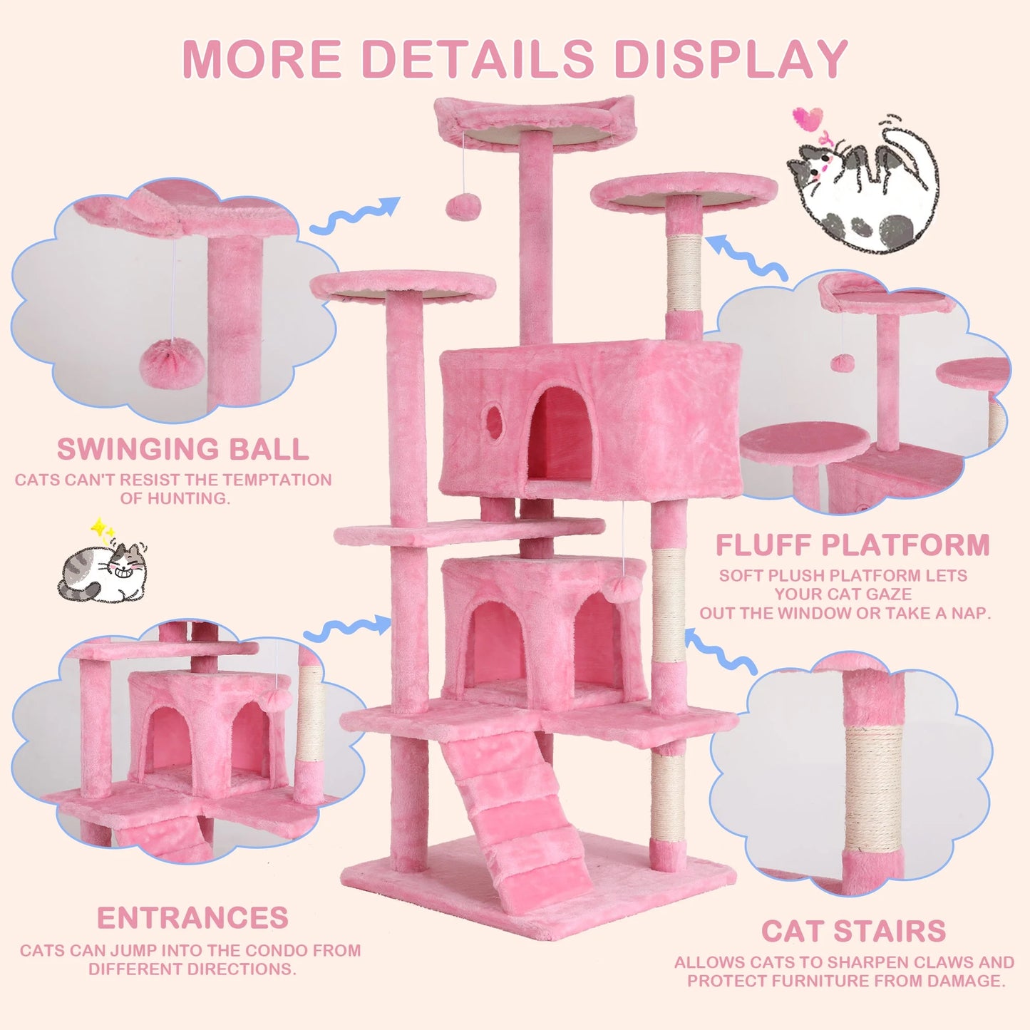 54In  Tower, Multi-Level Cat Tower Furniture Activity Center with Platform Scratching Posts Stand House Condo and Toy, Cat Condos for Indoor Cats Kitten Activity Relaxing, Pink