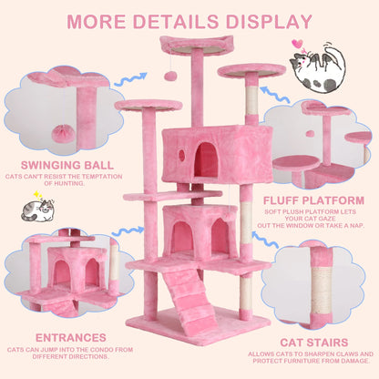 54In  Tower, Multi-Level Cat Tower Furniture Activity Center with Platform Scratching Posts Stand House Condo and Toy, Cat Condos for Indoor Cats Kitten Activity Relaxing, Pink