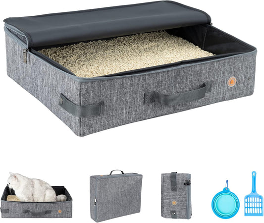 Portable Cat Travel Litter Box with Zipped Lid to Keep Everything Contained. No Odor, Leakage and Messes. Easy to Carry, Clean and Use in Car, Hotel, Aiarplane. (Large, Grey)