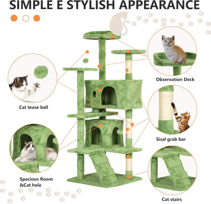 54 Inch Cat Tree Tower with Cat Scratching Posts and Funny Toys for Indoor Cats Play(Green)