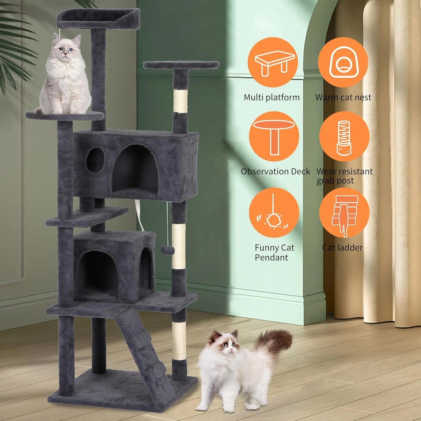 62In Cat Tree Tower for Indoor Cats,Multi-Level Cat Furniture Activity Center with Cat Scratching Posts Stand House Cat Condo with Funny Toys for Kittens Pet Play House,Dark Gray