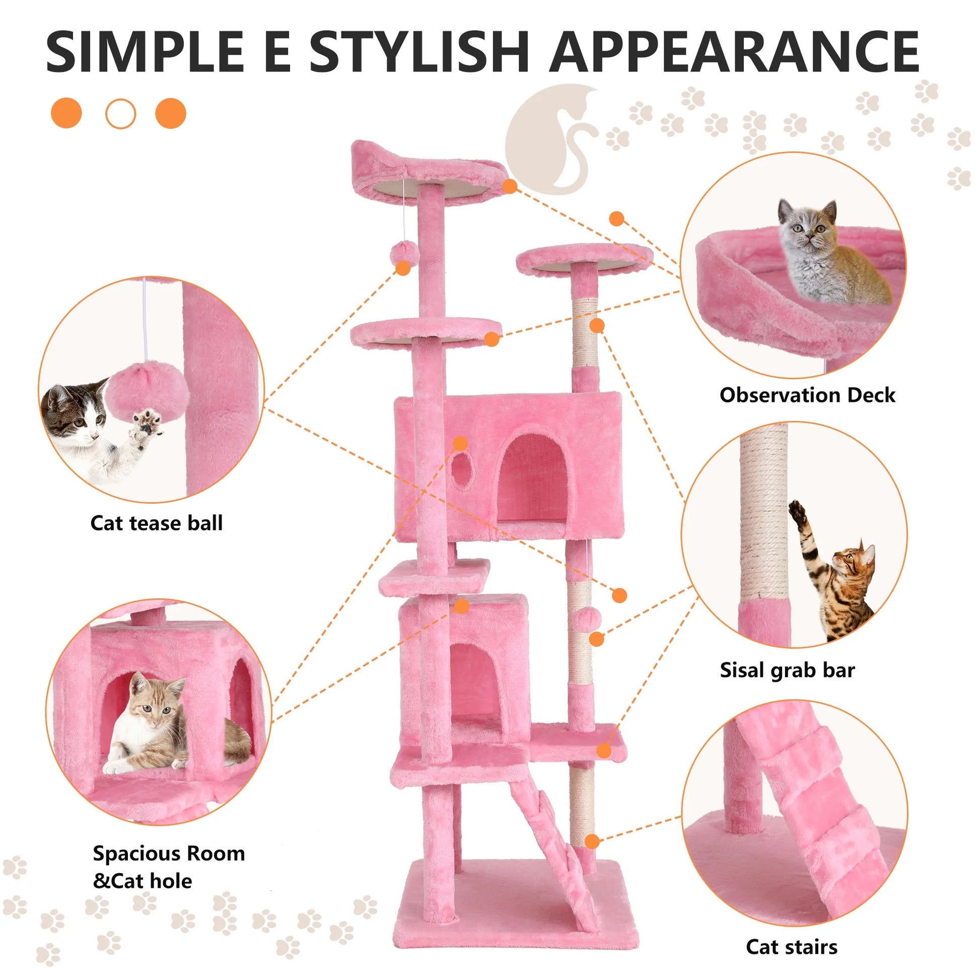 70In Kitten Activity House with Cat Scratching Posts Stand House Cat Condo with Funny Toys Pink