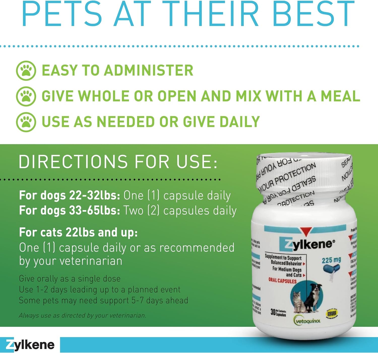 Zylkene Calming Support Supplement for Medium Dogs 33-65Lbs Helps Promote Relaxation and Reduce External Stress Factors, Daily Behavioral Support and Anxiety Relief for Dogs, 225Mg