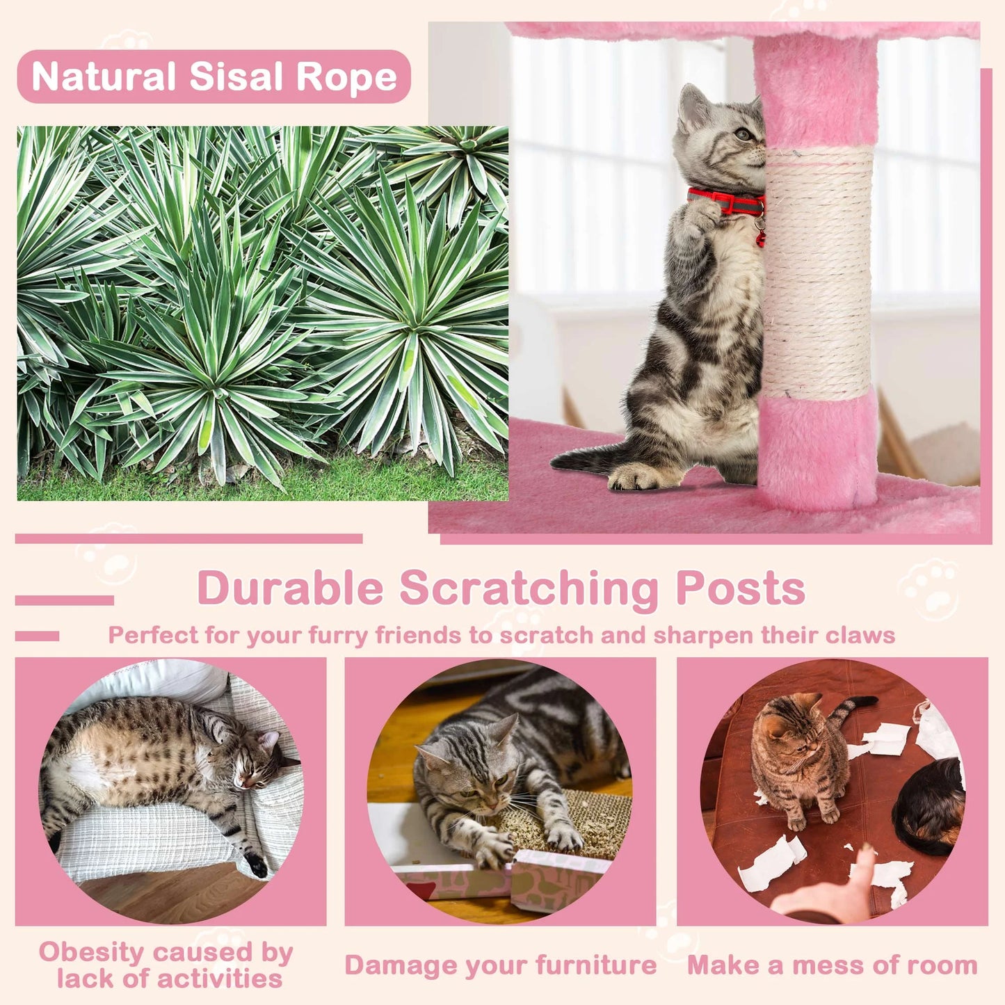 54In  Tower, Multi-Level Cat Tower Furniture Activity Center with Platform Scratching Posts Stand House Condo and Toy, Cat Condos for Indoor Cats Kitten Activity Relaxing, Pink