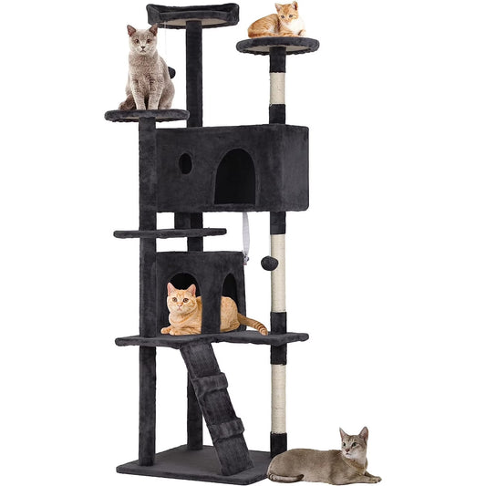70In Cat Tree Tower, Dark Gray, W/Scratch Posts, House & Funny Toys