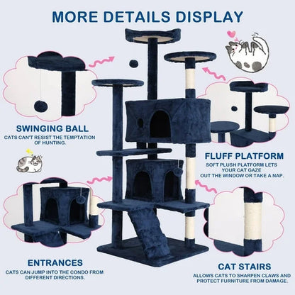 54In  Tower for Large Cats, Cat Climbing Tower Cat Scratching Tree with Cat Scratching Stand, Big  House Funny Toys for Kittens Pet(Navy Blue)