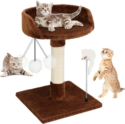 Cat Scratching Posts with Bed for Kittens, Cat Activity Tree, Cat Tower with Plush Platform Cozy Bed, Natural Sisal Scratcher Post, Hanging Balls and Spring Plush Mouse Toy (Brown)
