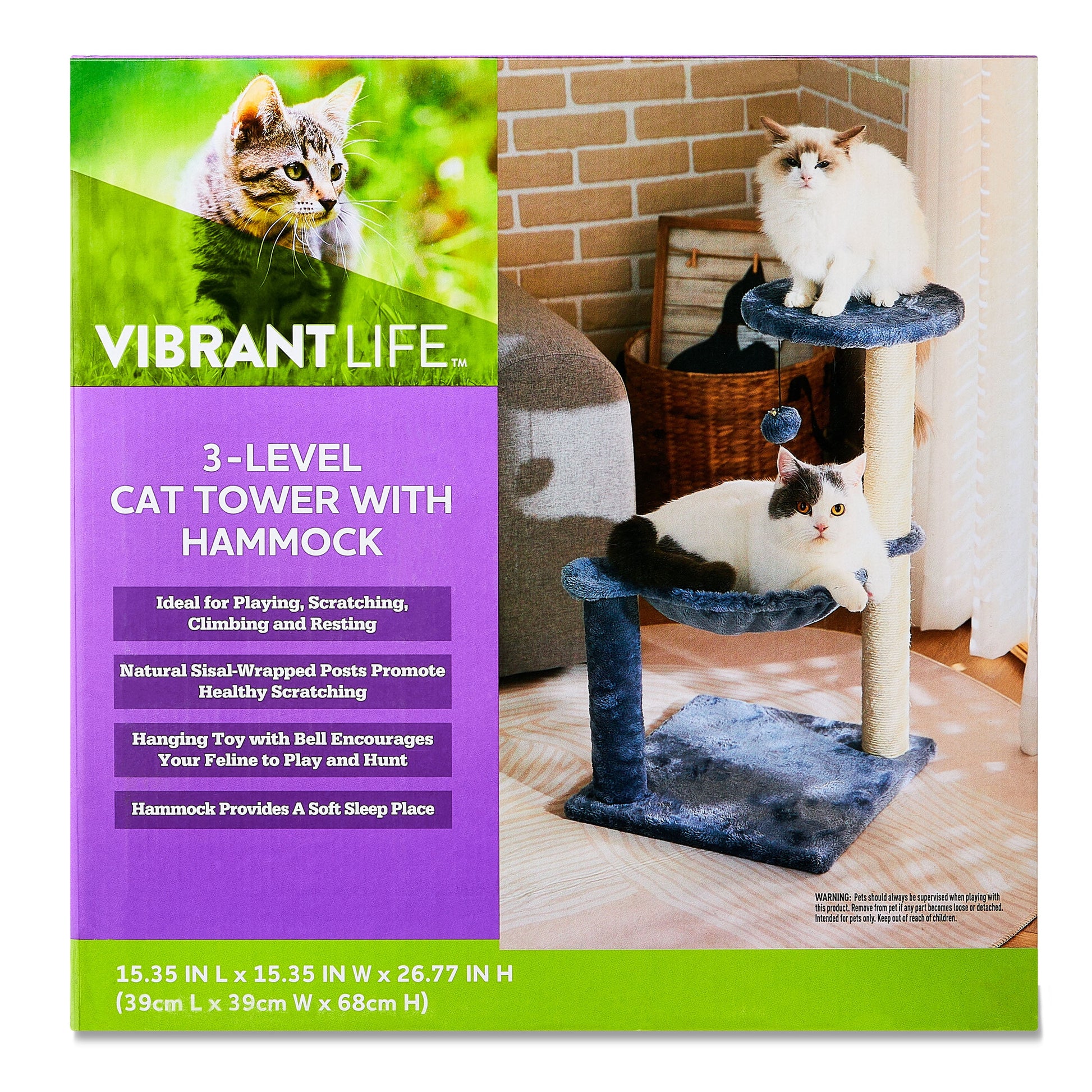 3-Level Cat Tower with Hammock and Sisal Post, 26.7 Inch, Blue