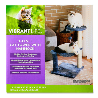 3-Level Cat Tower with Hammock and Sisal Post, 26.7 Inch, Blue